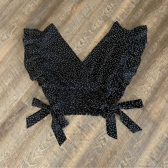 SHEIN Top Stretchy Polkadot Black White Smocked Side Tie 3X - Picture 6 of 13